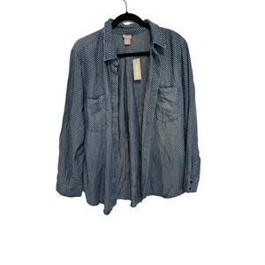 NWT Chico's Women Tencel Chambray Polka Dot Denim Button Up Blouse Shirt Size 3